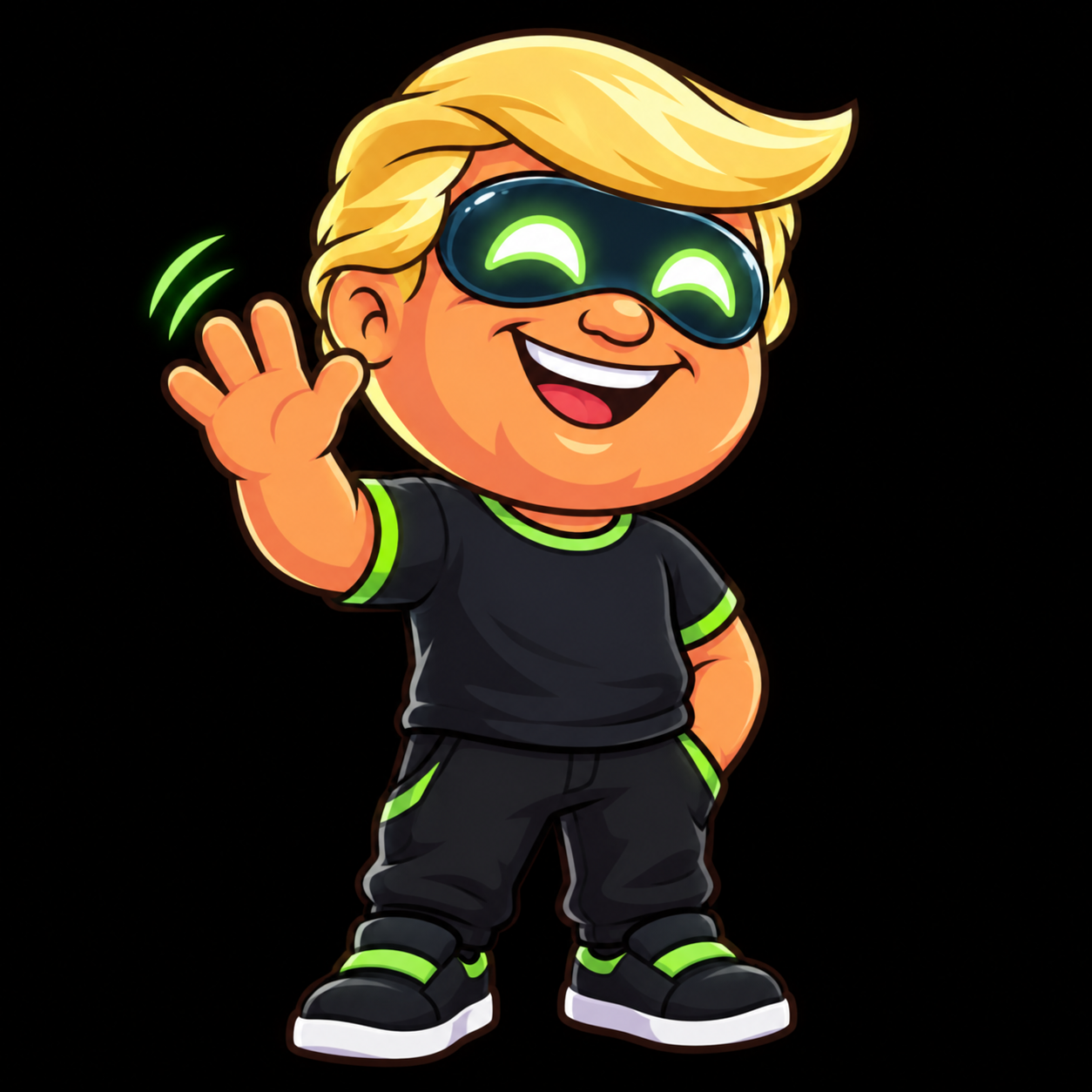 Artificial Trump waving, with golden hair and a glowing green visor
