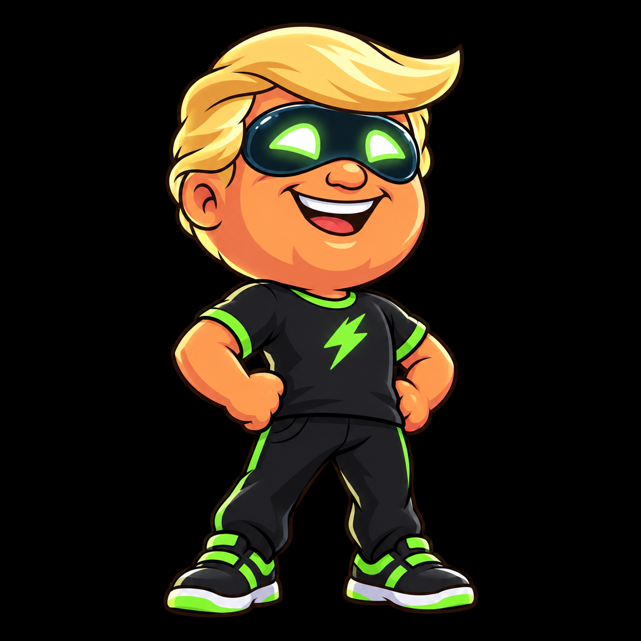 Artificial Trump in a confident pose with his signature green visor